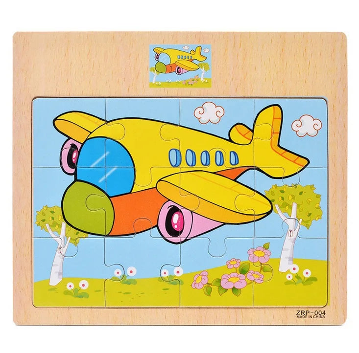 Wooden Kids Puzzle – Cartoon Animal & Vehicle Jigsaw Toy (9–12 Pcs)