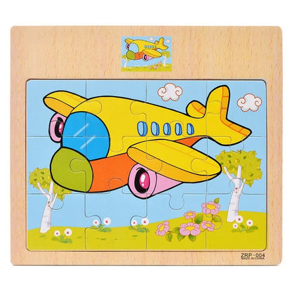 Wooden Kids Puzzle – Cartoon Animal & Vehicle Jigsaw Toy (9–12 Pcs)