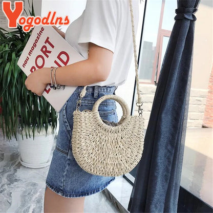 Handmade Half-Round Rattan Woven Straw Crossbody Bag for Women