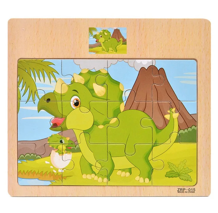 Wooden Kids Puzzle – Cartoon Animal & Vehicle Jigsaw Toy (9–12 Pcs)