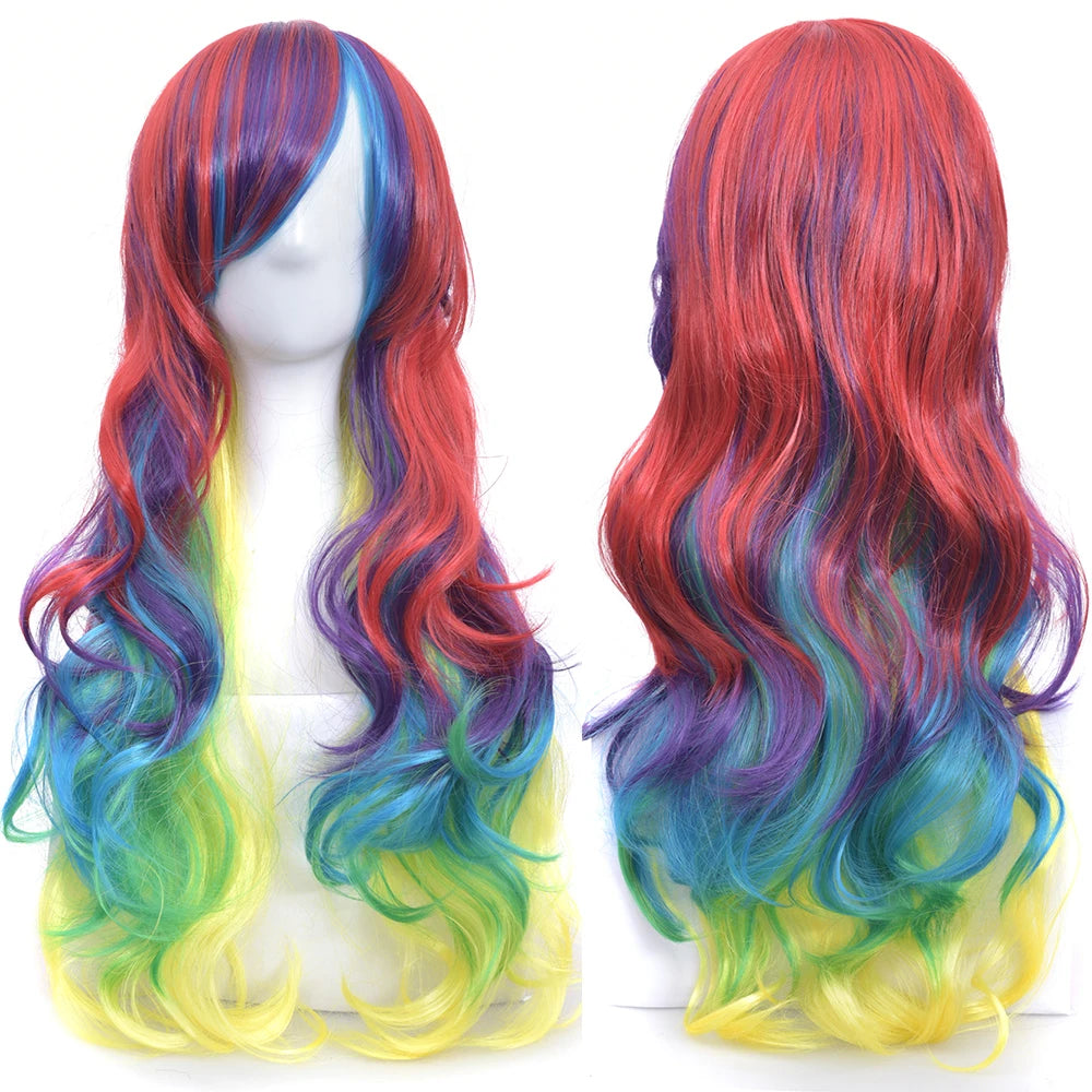 Soowee Synthetic Hair Ombre Rainbow Cosplay Wig Bangs Red Yellow Purple Green Blue Wigs Black Women