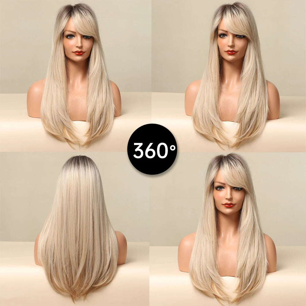 Gemma Ombre Brown Blonde Long Straight Synthetic Wigs Bangs Cosplay Wig Women Temperature Natural