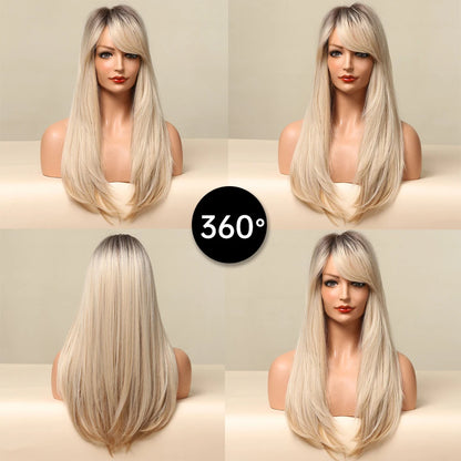 Gemma Ombre Brown Blonde Long Straight Synthetic Wigs Bangs Cosplay Wig Women Temperature Natural