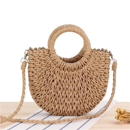 Handmade Half-Round Rattan Woven Straw Crossbody Bag for Women