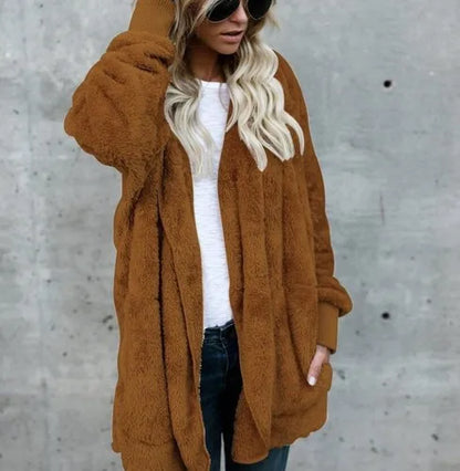 Women's Fleece Hooded Cardigan Coat – Warm Plush Jacket