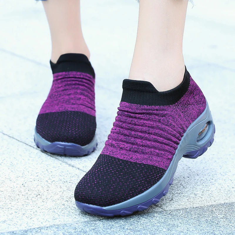 Women's Slip-On Platform Sneakers – Breathable Knit Walking Shoes
