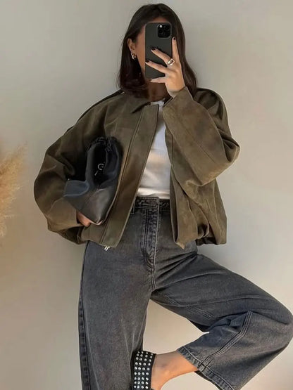 Women's Suede Bomber Jacket – Vintage Loose Zip-Up Coat with Lapel Collar