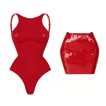 Women's 2-Piece Bodysuit & Sequin Skirt Set