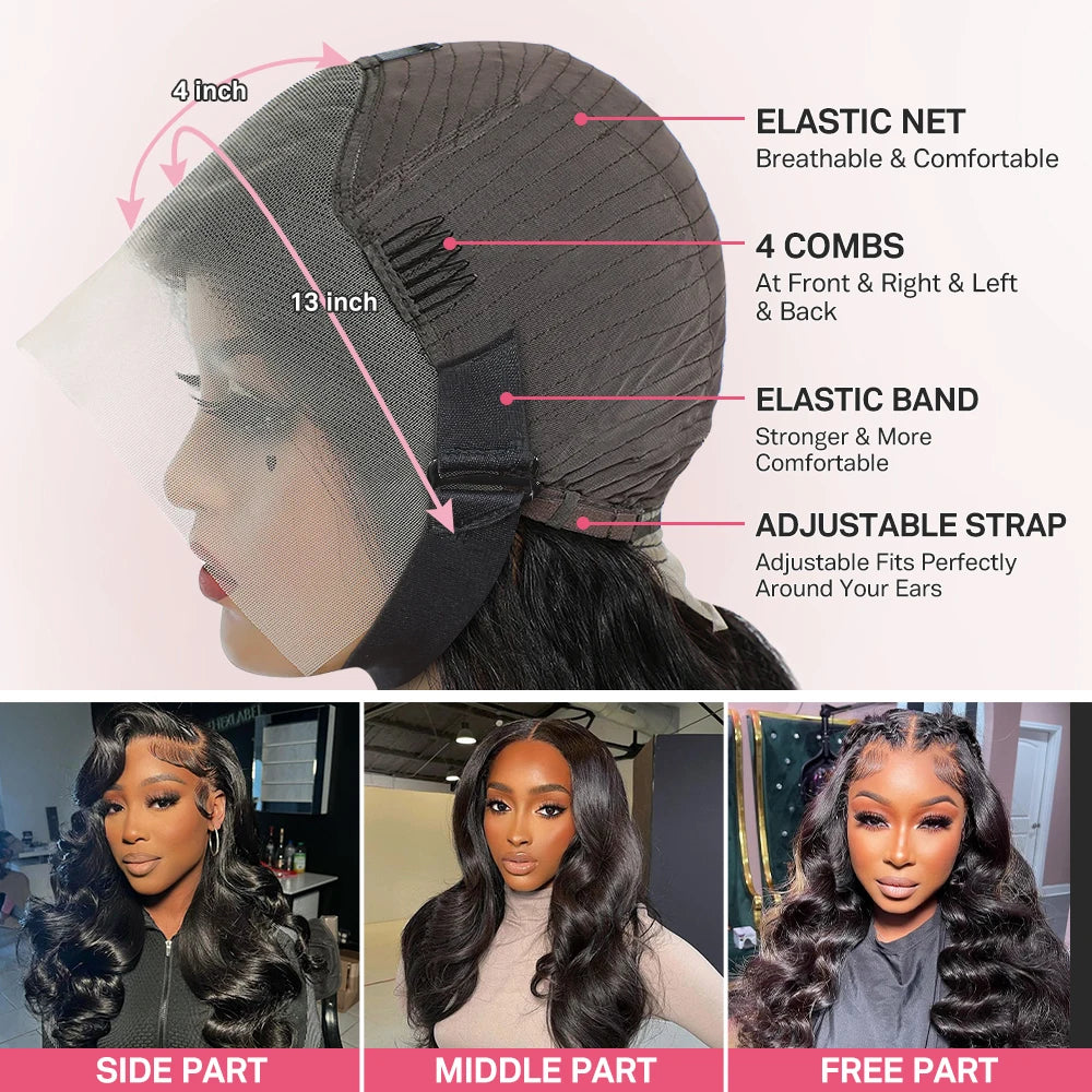 Body Wave Human Hair Lace Front Wig – 13x4 & 13x6, 180%/220% Density