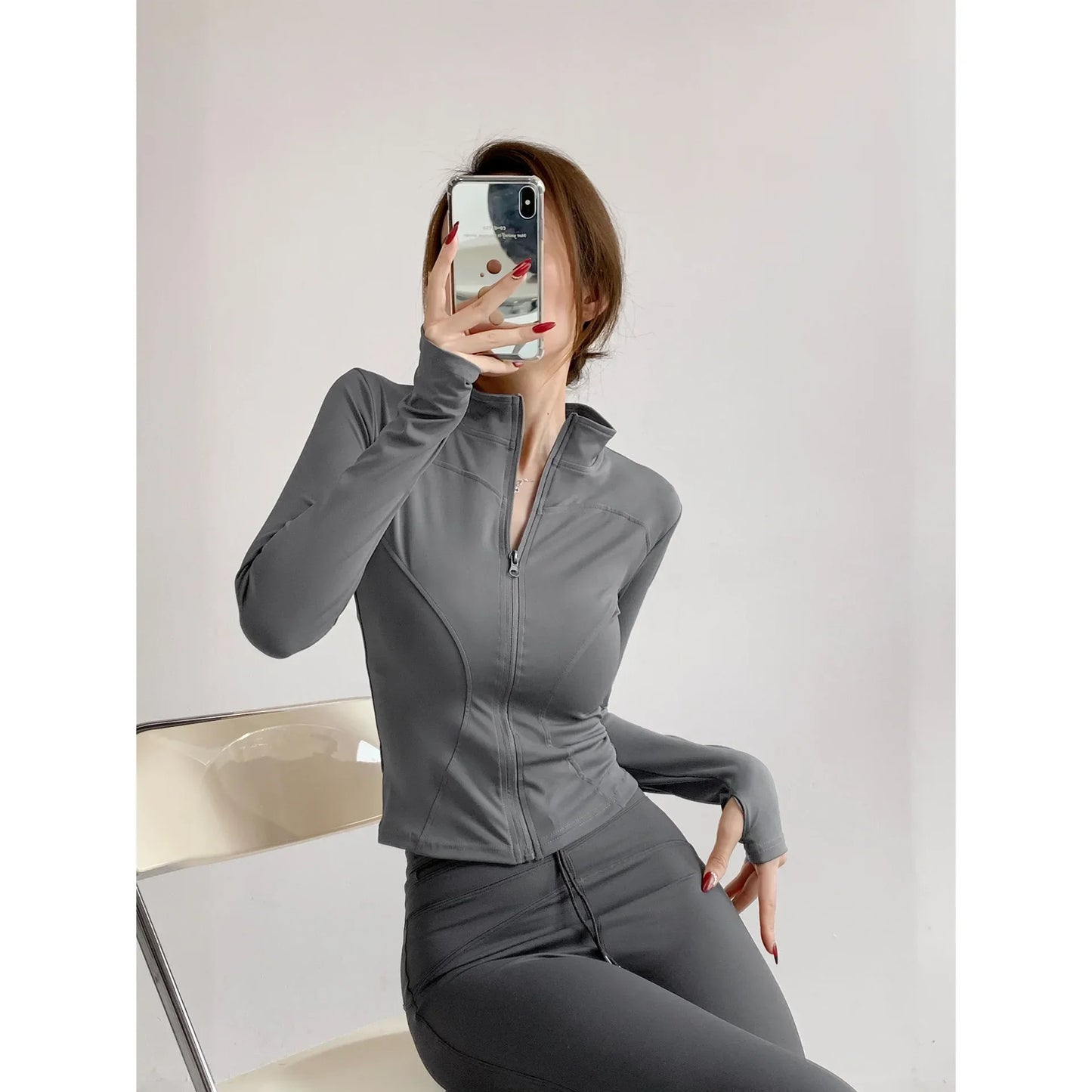 Women's Slim-Fit Zip-Up Yoga Jacket – Long Sleeve Athletic Running Coat