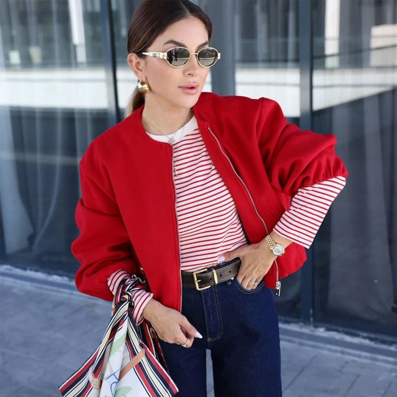 Women's Cropped Bomber Jacket – Soft Zip-Up Casual Outerwear