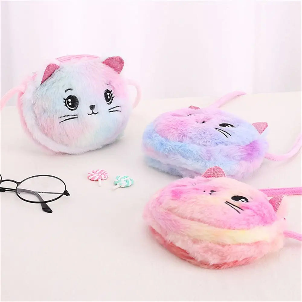 Kids Cute Cat Plush Crossbody Bag – Rainbow Mini Purse