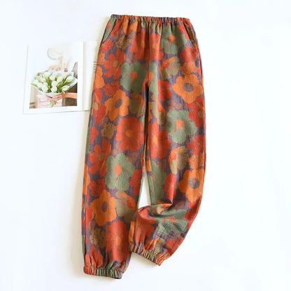 Women's Cotton Crepe Pajama Pants – Loose Floral Print Lounge Bottoms