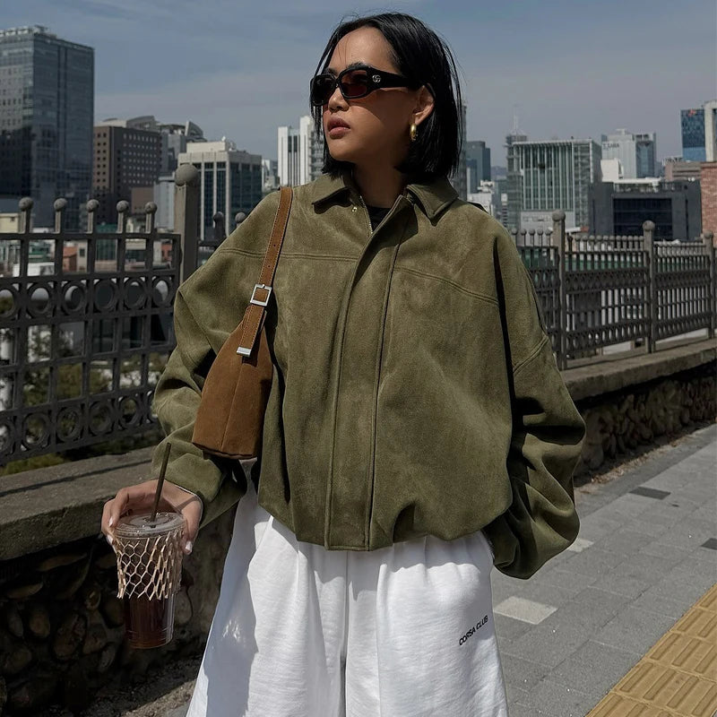 Women's Cropped Suede Bomber Jacket – Lapel Zip Racing Coat