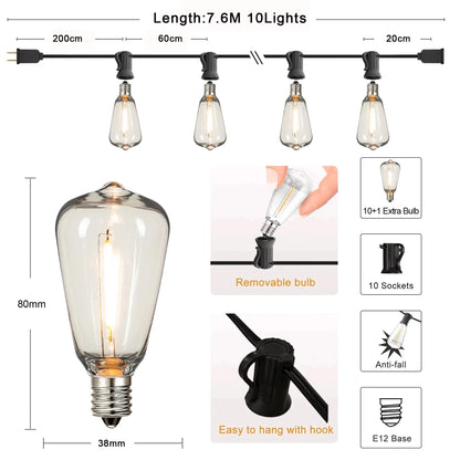 St38 String Lights Outdoor Garland Connectable Shatterproof Waterproof Plastic Led Bulb Dimmable