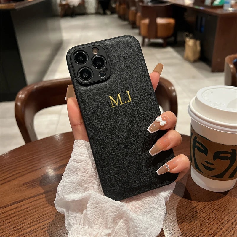 Personalised Customized Name Case Iphone 17 16 15 14 13 12 11 Pro Max Initials Letters Leather Cover