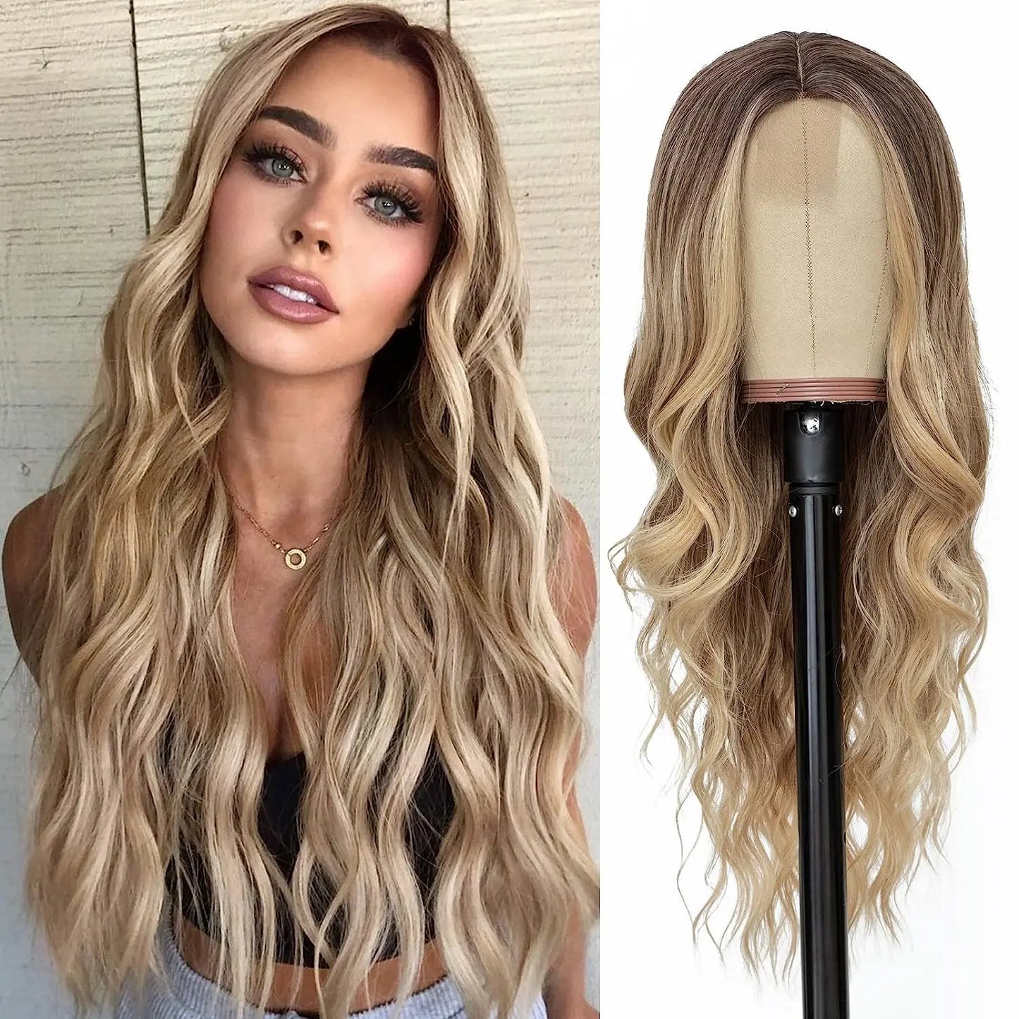 Long Wavy Synthetic Lace Wig – 26 Inch Middle Part, Heat Resistant