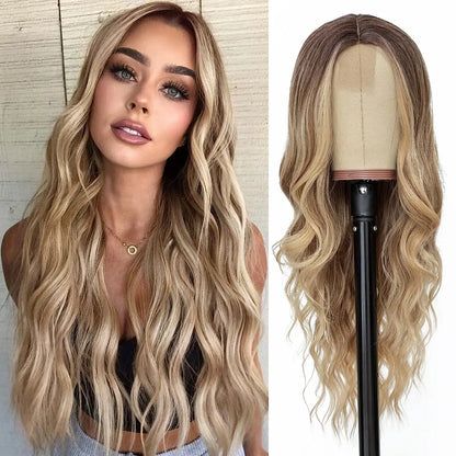 Long Wavy Synthetic Lace Wig – 26 Inch Middle Part, Heat Resistant