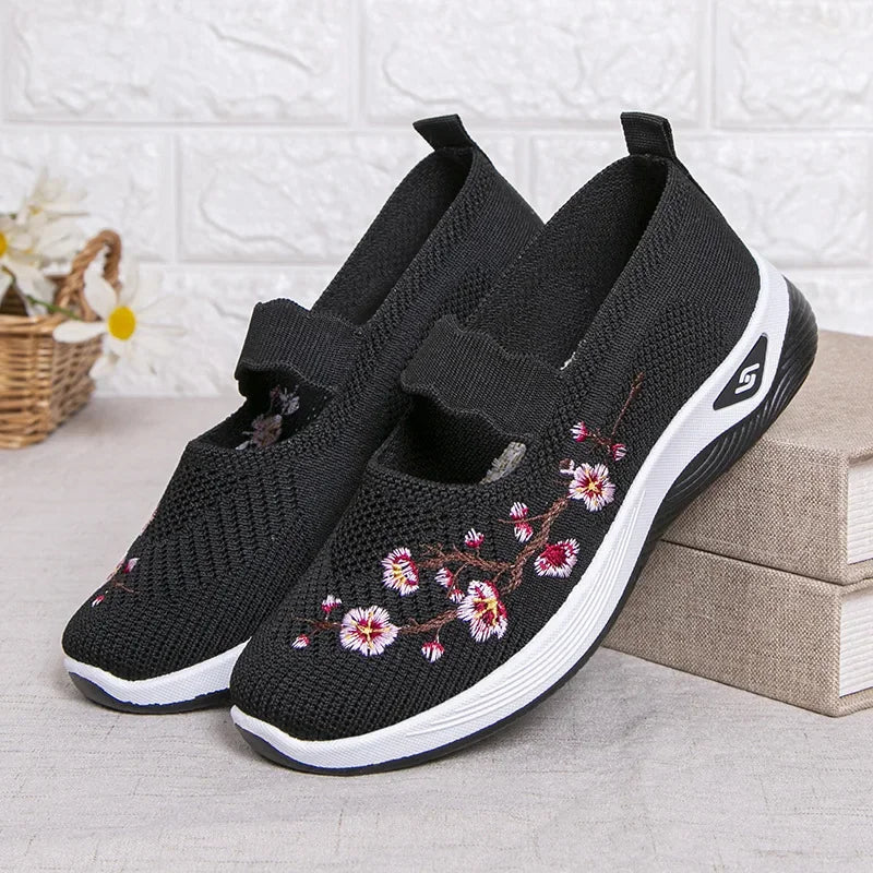 Women's Embroidered Slip-On Sneakers – Breathable Chunky Sole Casual Shoes