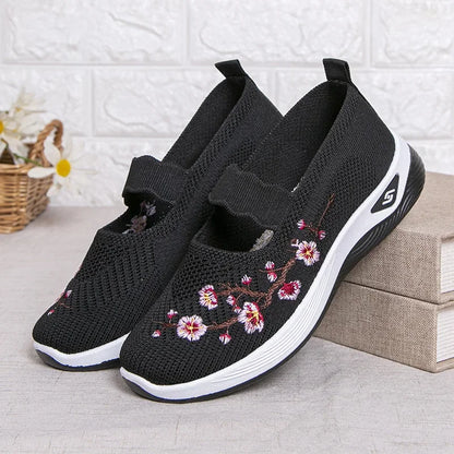 Women's Embroidered Slip-On Sneakers – Breathable Chunky Sole Casual Shoes
