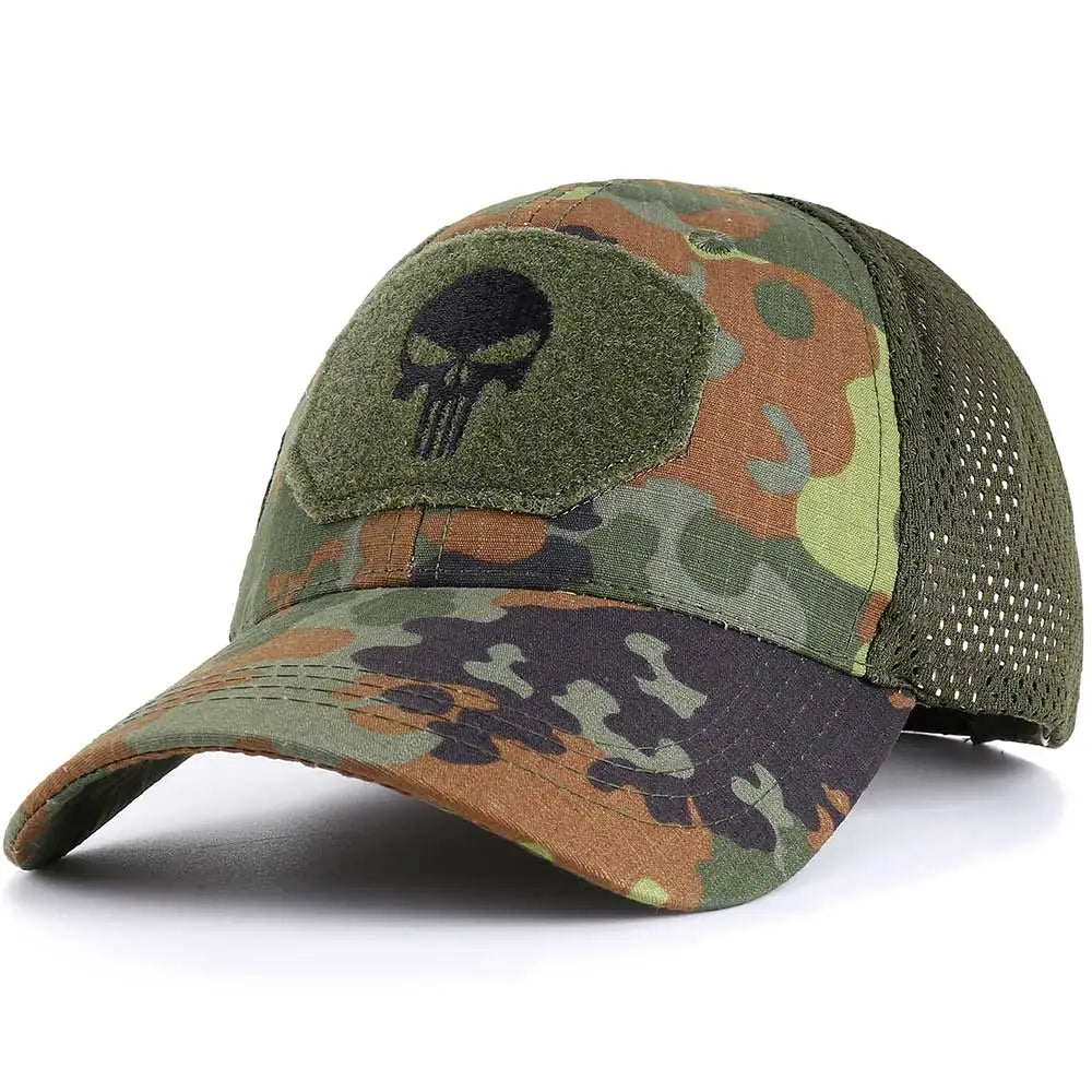 Tactical Skull Patch Baseball Cap – Camo Mesh Snapback Hat