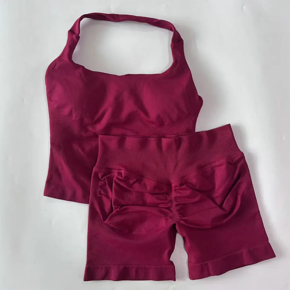 Women's 2-Piece Seamless Workout Set – Backless Tank Top & Scrunch Shorts