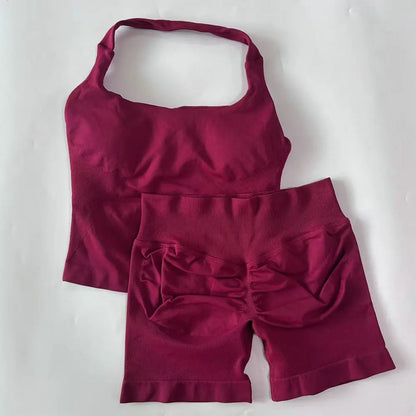 Women's 2-Piece Seamless Workout Set – Backless Tank Top & Scrunch Shorts