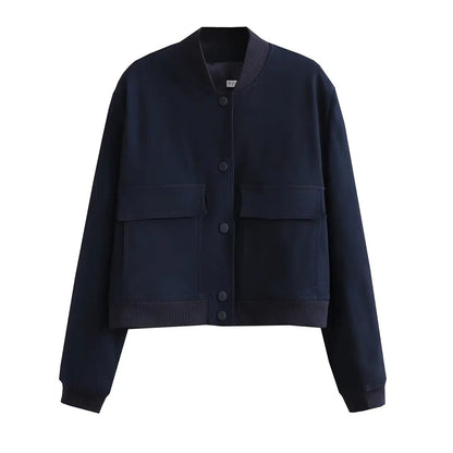 Women's Cropped Bomber Jacket with Pockets – Single Breasted
