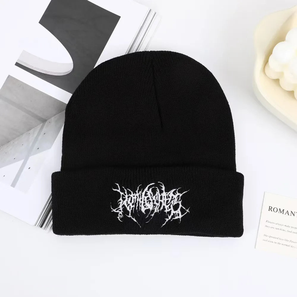 Gothic Embroidered Knit Beanie – Hip Hop Street Style Cuffed Hat