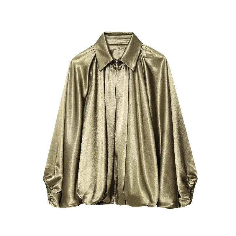 Oversized Ruched Bomber Jacket for Women