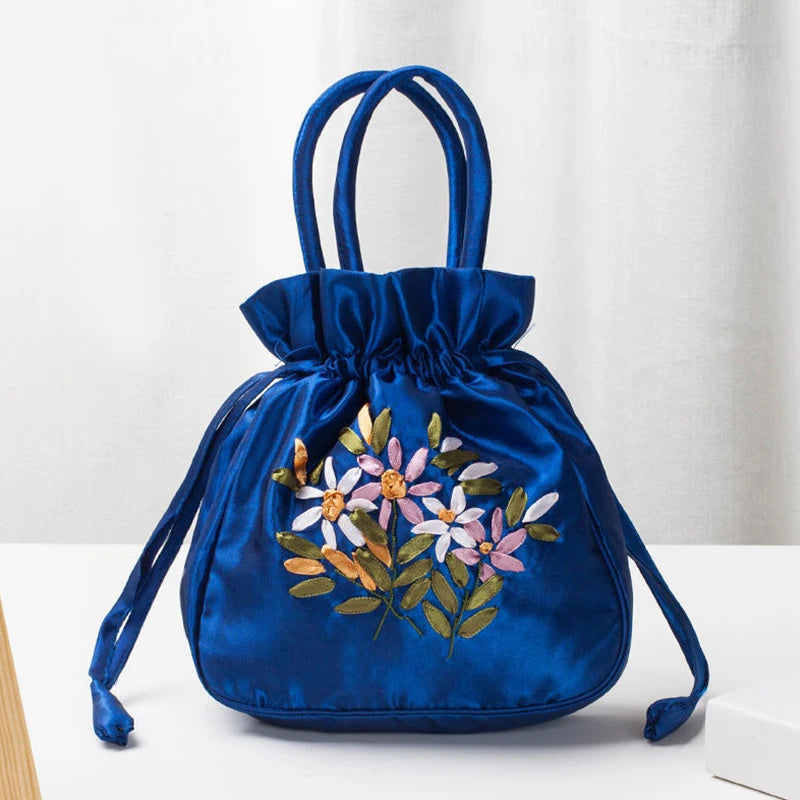 Women's Embroidered Bucket Bag – Floral Top Handle Purse