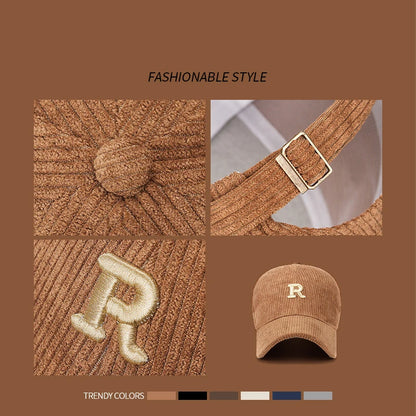 Corduroy Baseball Cap – 3D Embroidered R Letter, Adjustable Structured Hat