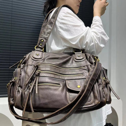 Vintage Washed Leather Shoulder Bag – Y2K Motorcycle Crossbody