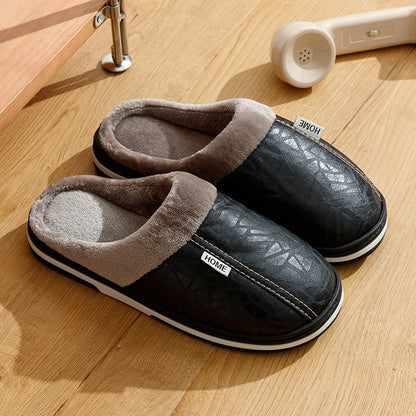 Big Size Winter Casual Men S Slippers Indoor Waterproof Pu Leather Home Shoes Fur Flat Warm Bedroom
