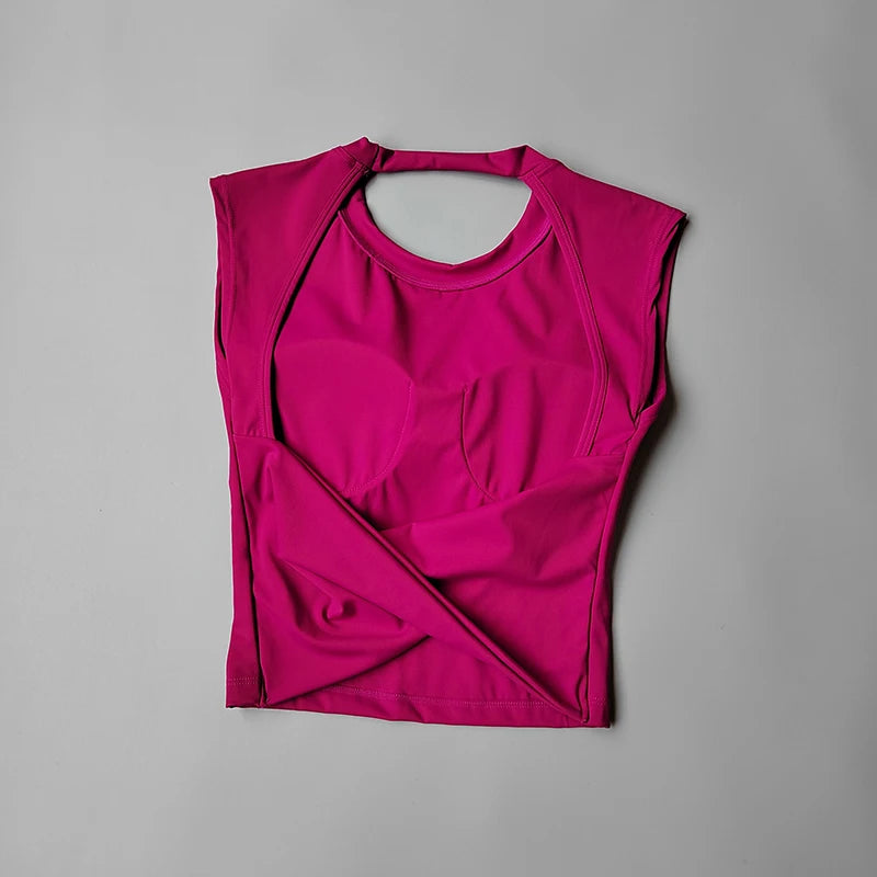 Women's Backless Yoga Crop Top – Built-In Chest Pad Sports Tee