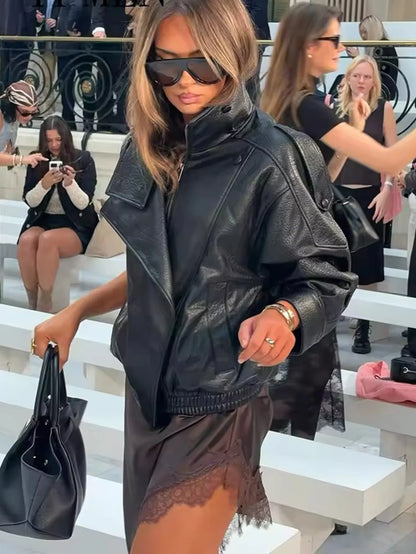 Women's Oversized Faux Leather Jacket – Long Sleeve Button Coat