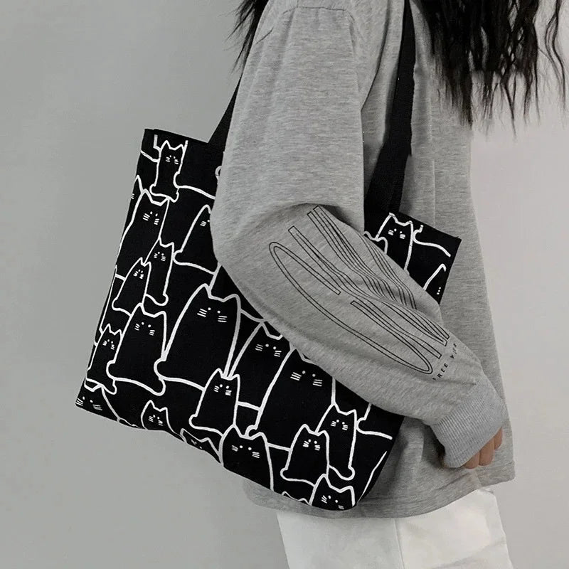 Cat Print Canvas Tote Bag – Cute Graphic Shoulder Bag for Women