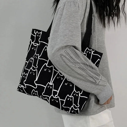 Cat Print Canvas Tote Bag – Cute Graphic Shoulder Bag for Women
