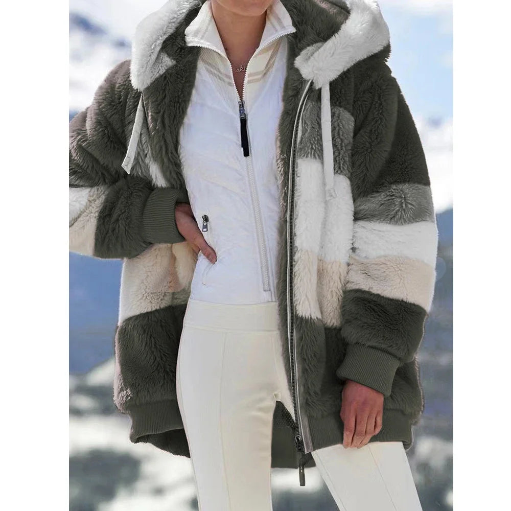Women's Plaid Fleece Hooded Coat – Thick Zip-Up Winter Jacket