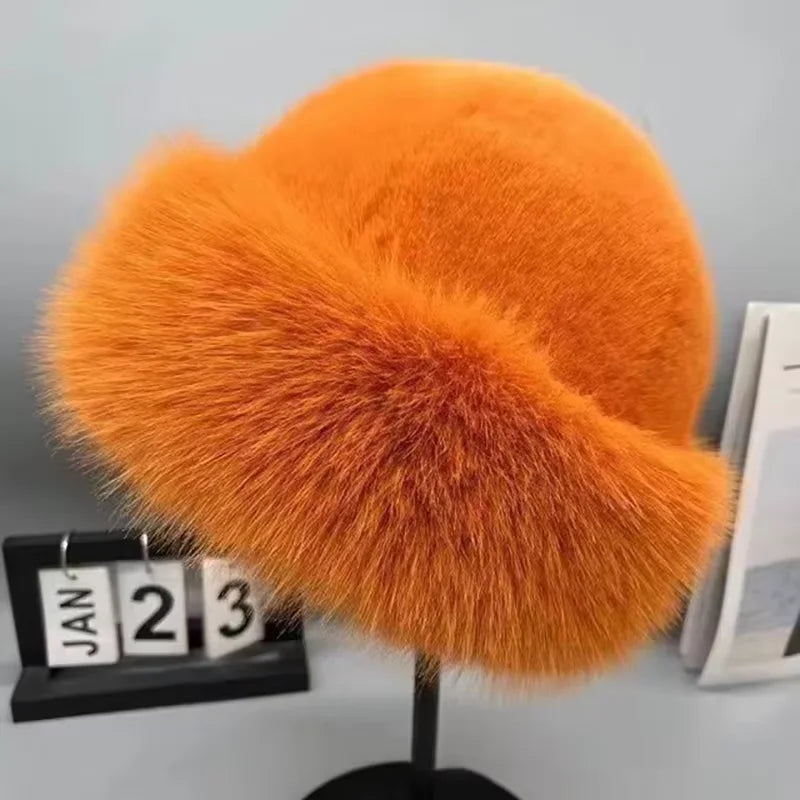 Women's Fluffy Faux Fur Winter Hat - Warm Bucket Cap