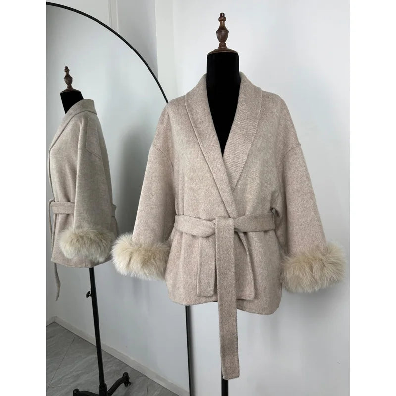 Women's Fox Fur Woolen Short Coat – Double-Sided Wool