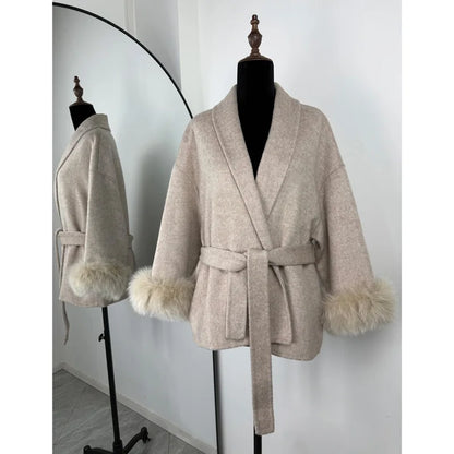 Women's Fox Fur Woolen Short Coat – Double-Sided Wool