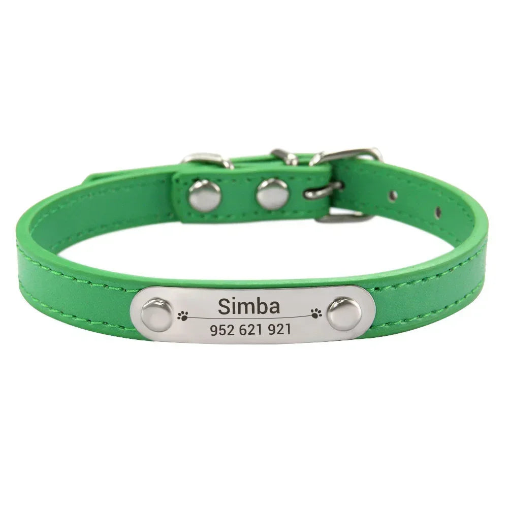 Personalized Dog Collar with Engraved ID Nameplate – PU Leather
