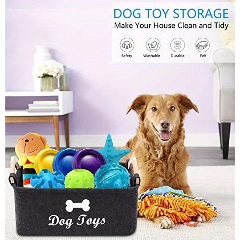 Dog Toy Storage Basket – Felt Organizer Bin with Handles