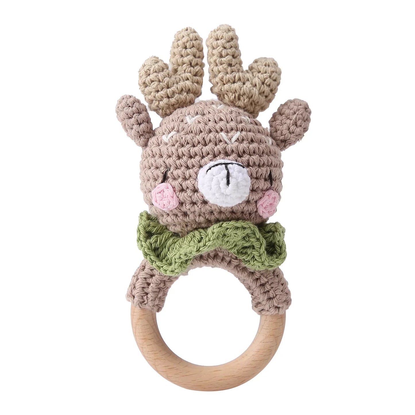 Baby Crochet Rattle & Wooden Teether Toy – BPA-Free Animal Ring