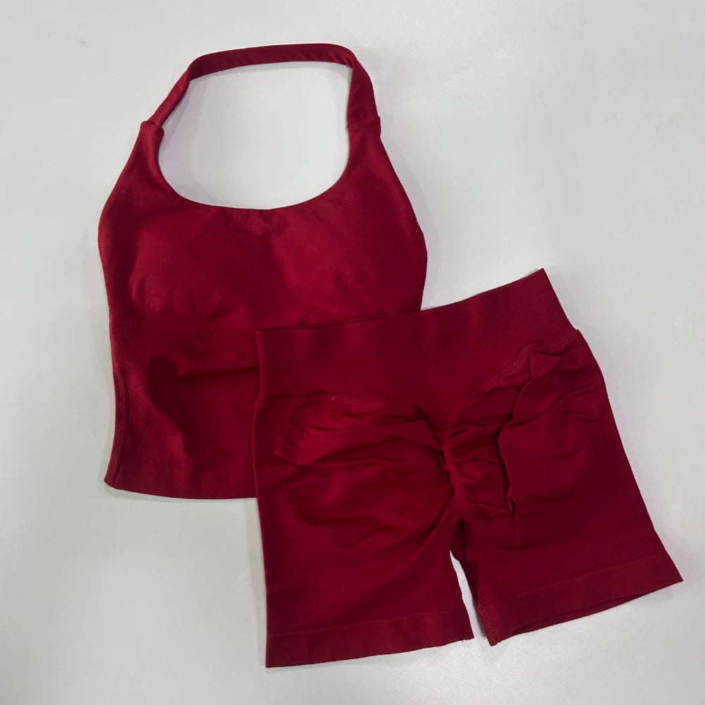 Women's 2-Piece Seamless Workout Set – Backless Tank Top & Scrunch Shorts