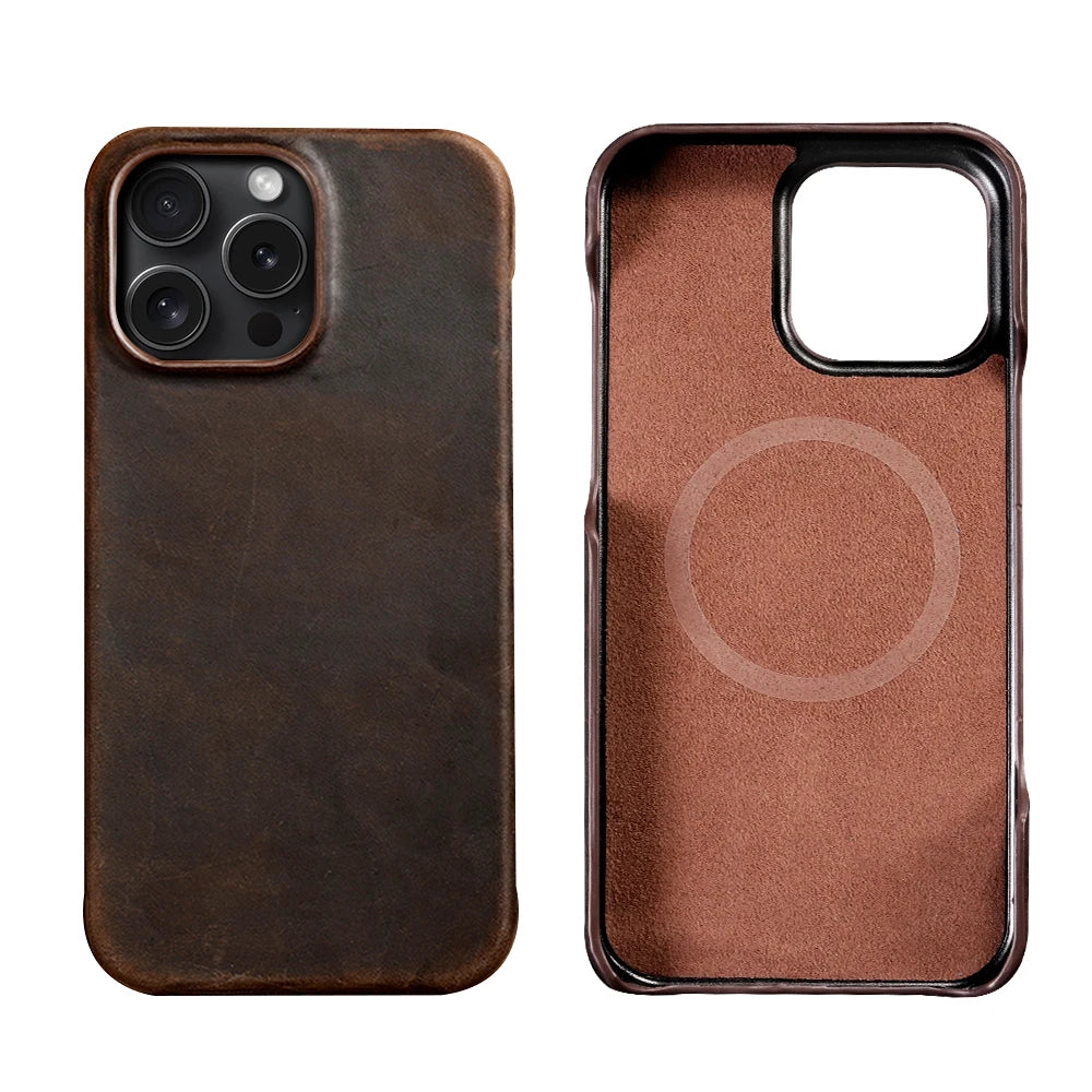 Langsidi Magsafe Case Iphone 15 16 Pro Max Retro Luxury Full Grain Cowhide Genuine Oiled Pull-Up