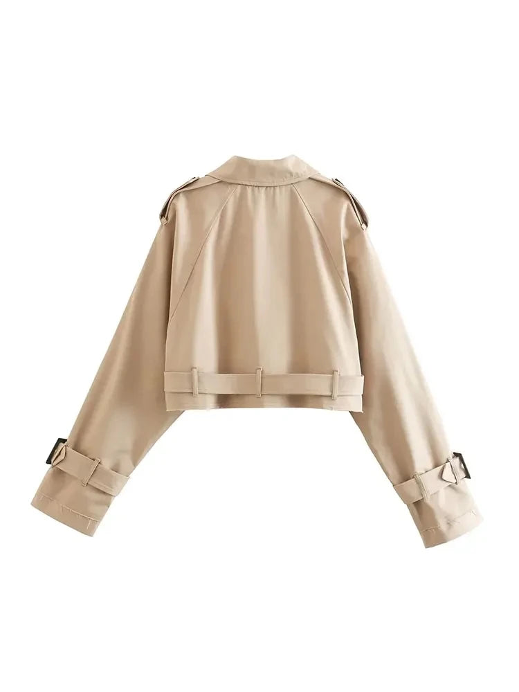 Cropped Trench Jacket for Women – Double Breasted Belt Coat