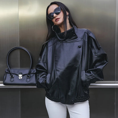 Women's Faux Leather Oversized Bomber Jacket – Winter Outerwear