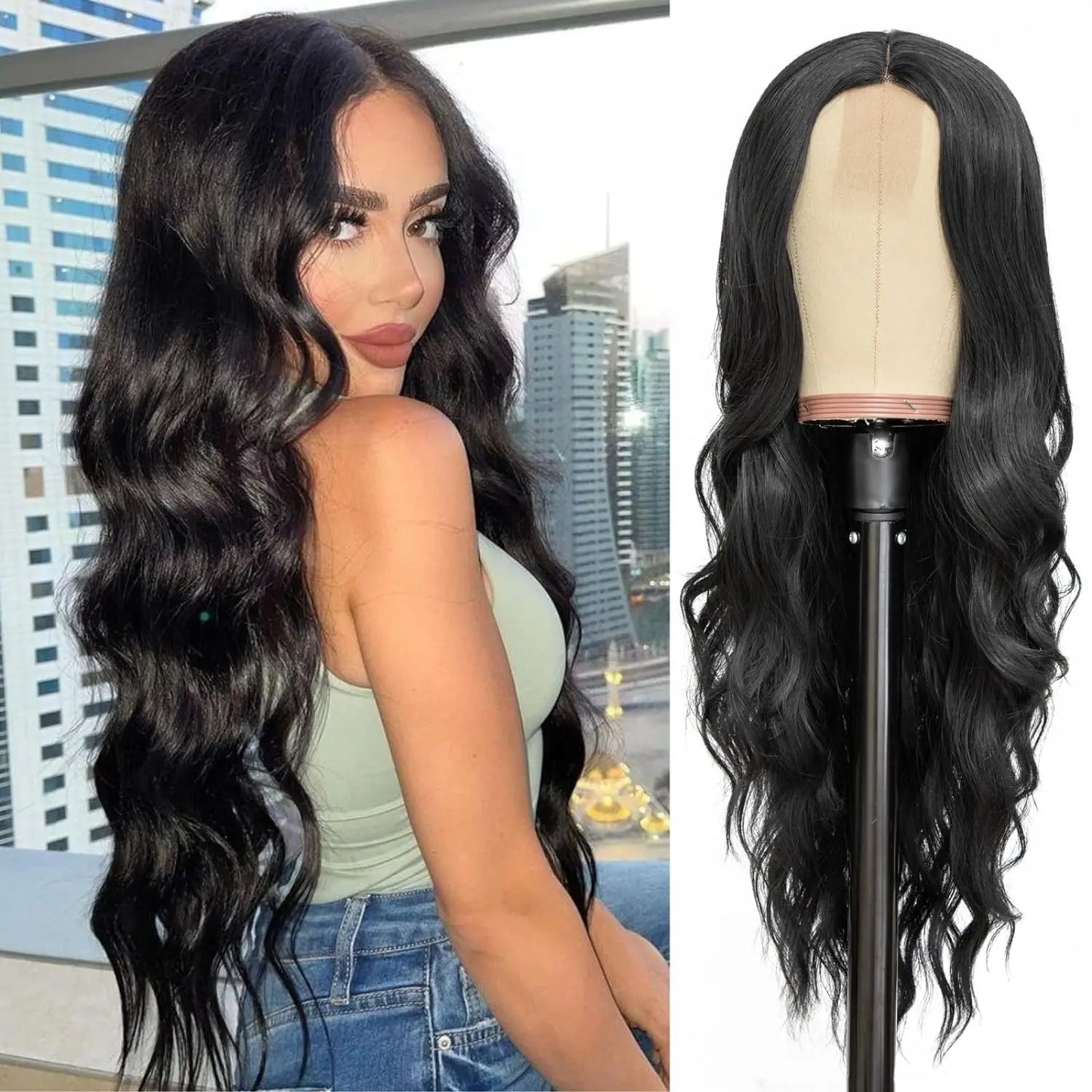 Long Wavy Synthetic Lace Wig – 26 Inch Middle Part, Heat Resistant